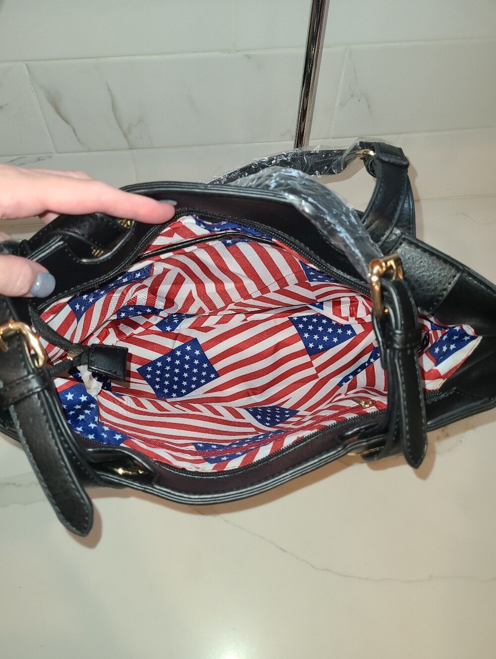 American Flag Tote Bag with Gold Charm - Black / Red / Cream - Picture 8 of 10